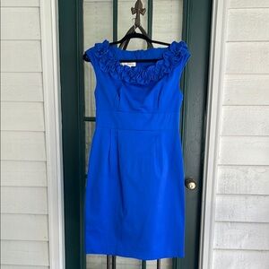 Maggy London Royal Blue Midi Dress with Ruffle Neckline size 8